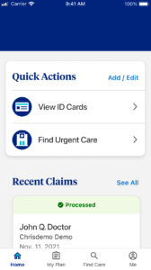 Mobile Health Insurance Portal Home Screen